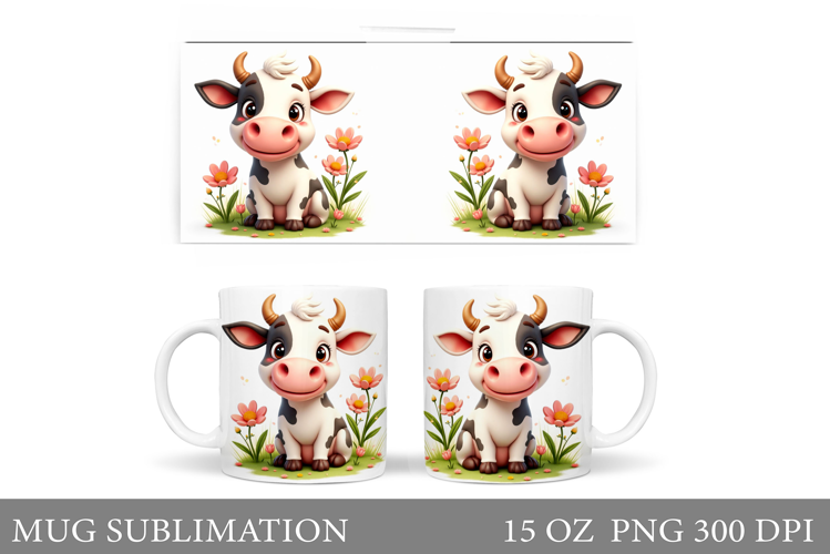 Cute Cow Mug Sublimation. Cow Flowers Mug Wrap Design