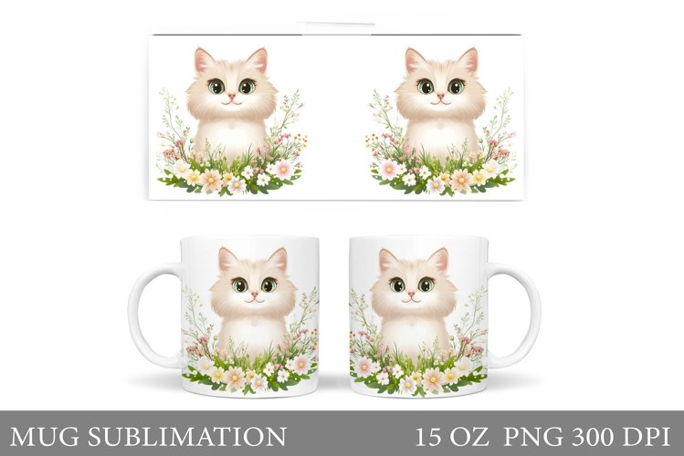 Spring Cat Mug Wrap. Cute Cat Mug Sublimation