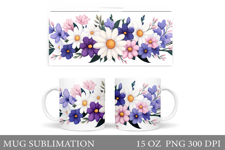 Flowers Mug Sublimation. Daisy Flowers Mug Wrap Design
