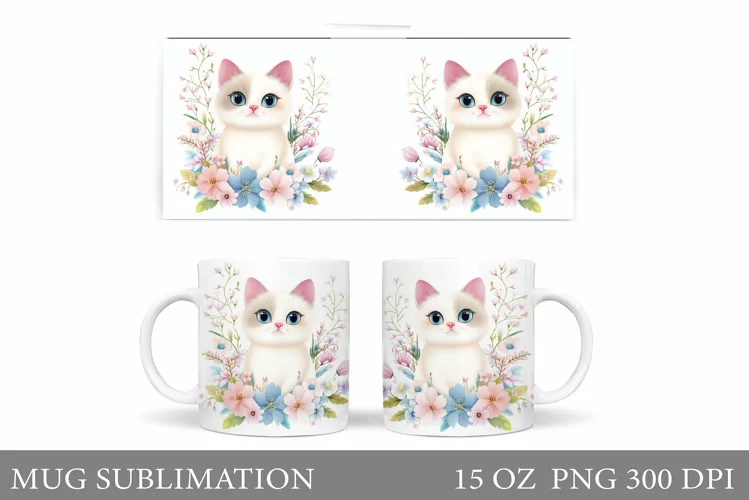 Spring Cat Mug Wrap Design. Cute Cat Mug Sublimation