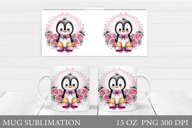 Cute Penguin Mug Design. Penguin Flowers Mug Sublimation