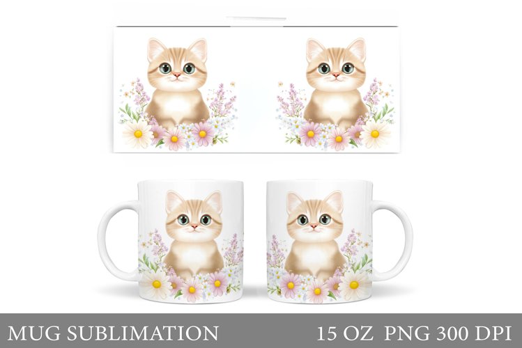 Spring Cat Mug Wrap. Cute Cat Mug Sublimation