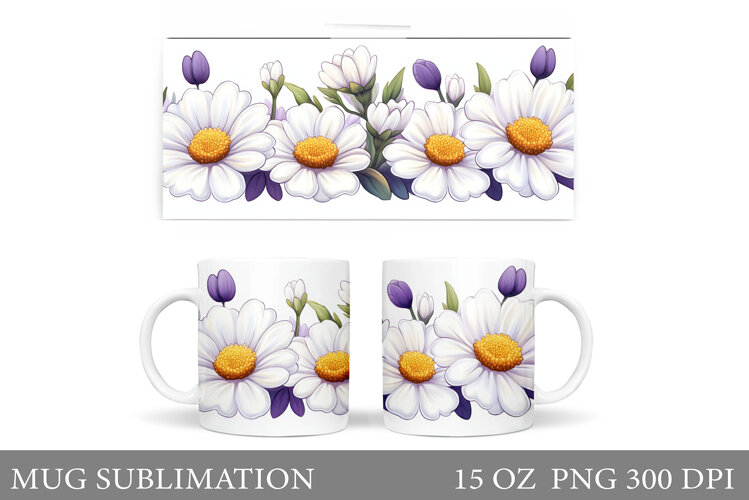 Daisy Flowers Mug Sublimation. Flowers Mug Wrap Design example image 1