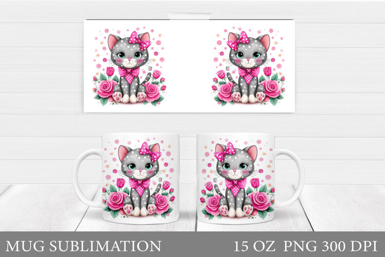 Cute Cat Mug Sublimation. Cat Flowers Mug Design example image 1