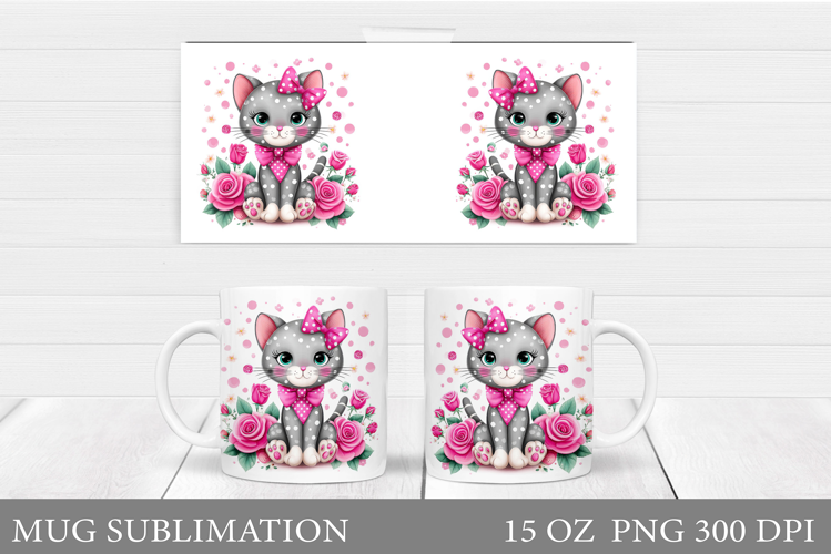 Cute Cat Mug Sublimation. Cat Flowers Mug Design