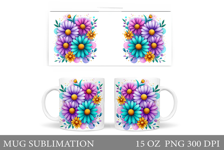 Daisy Flowers Mug Sublimation. Flowers Mug Wrap Design example image 1