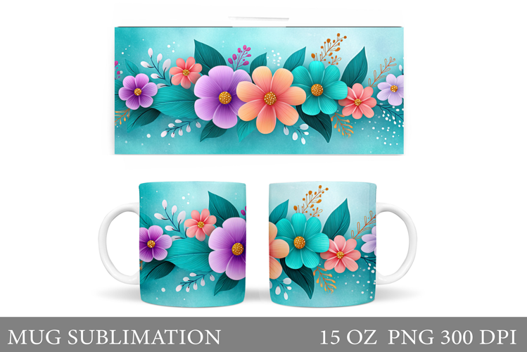 Floral Mug Sublimation. Flowers Mug Wrap Design