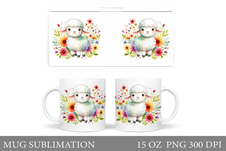 Cute Lamb Mug Sublimation. Lamb Flowers Mug Design