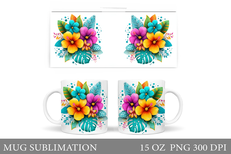 Tropical Flowers Mug Sublimation. Floral Mug Wrap Design example image 1
