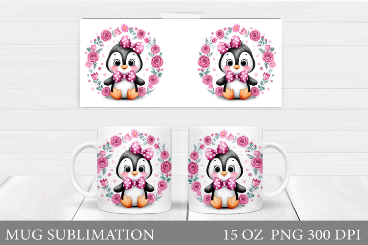 Cute Penguin Mug Design. Penguin Flowers Mug Sublimation