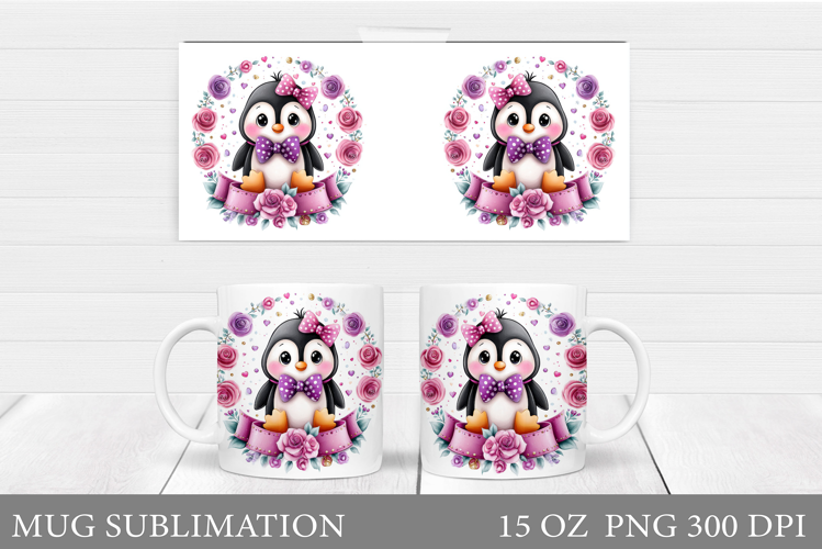 Cute Penguin Mug Design. Penguin Flowers Mug Sublimation