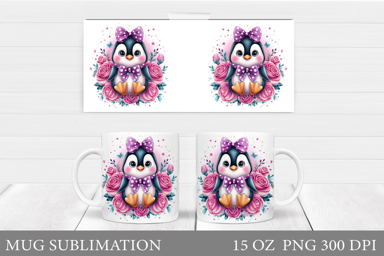 Cute Penguin Mug Design. Penguin Flowers Mug Sublimation