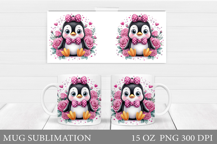 Cute Penguin Mug Design. Penguin Flowers Mug Sublimation