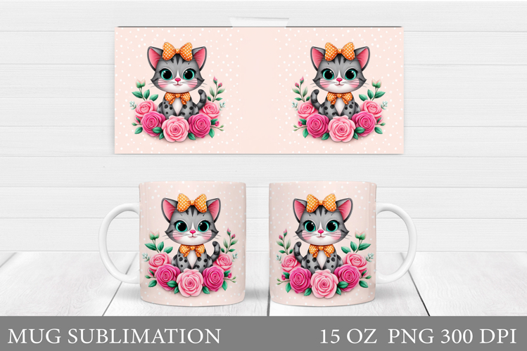 Cute Cat Mug Sublimation. Cat Flowers Mug Design