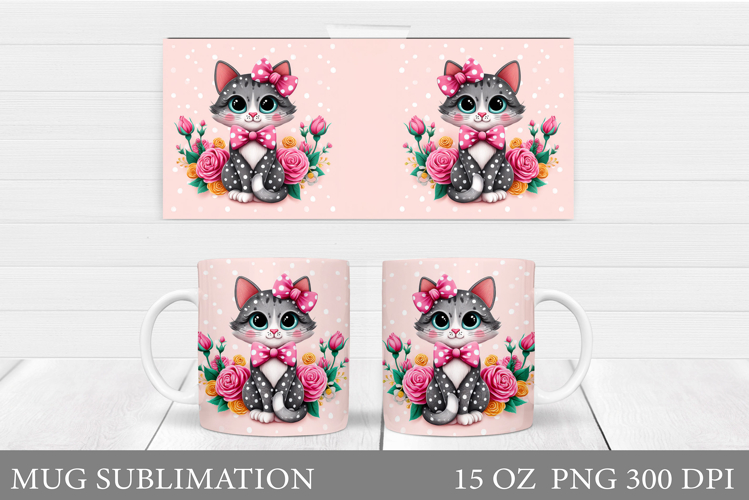 Cute Cat Mug Sublimation. Cat Flowers Mug Design