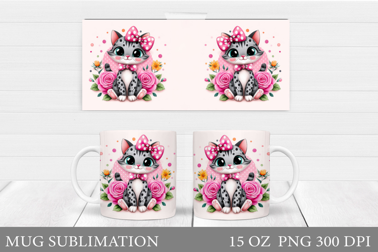 Cute Cat Mug Sublimation. Cat Flowers Mug Design