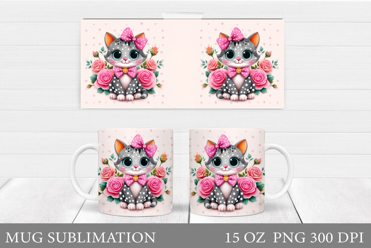Cute Cat Mug Sublimation. Cat Flowers Mug Design example image 1