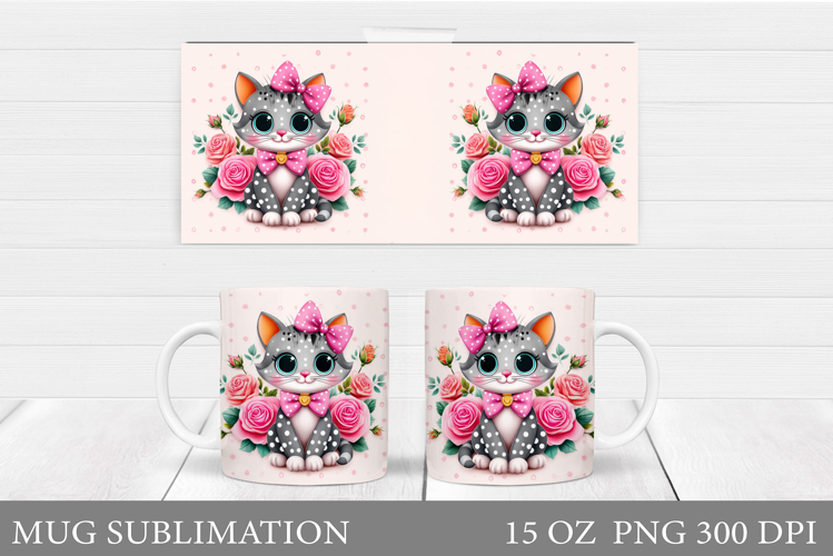Cute Cat Mug Sublimation. Cat Flowers Mug Design