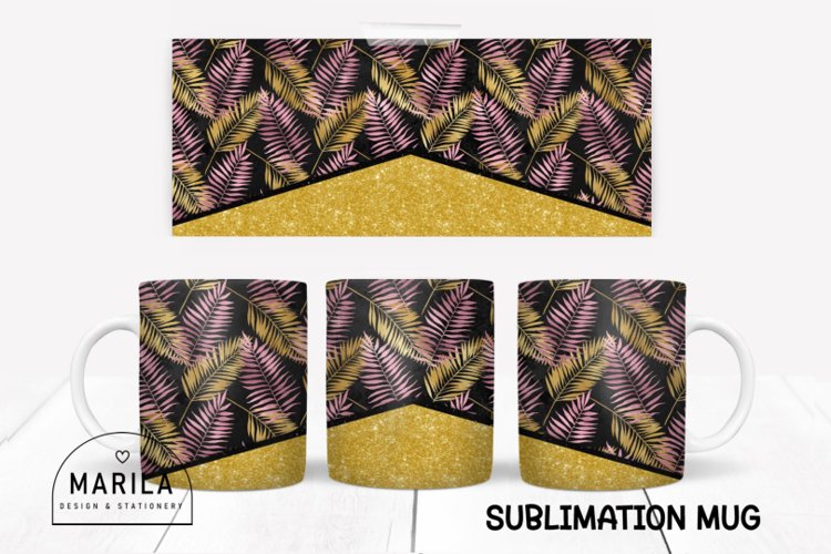 Pink and Gold Glitter Leaves Mug Wrap / Leaves Mug wrap #1 example image 1