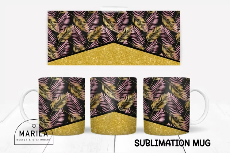 Pink and Gold Glitter Leaves Mug Wrap / Leaves Mug wrap #1
