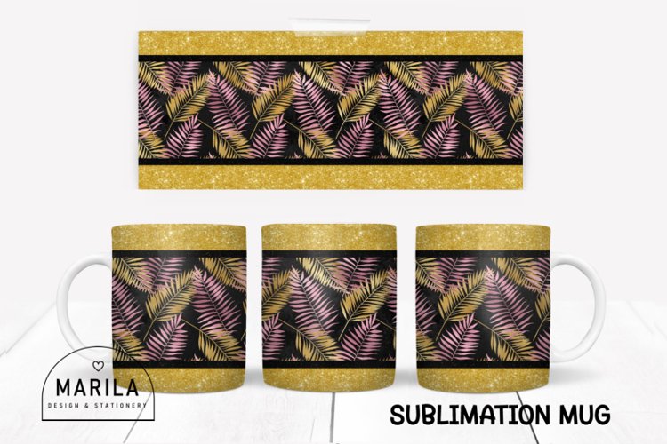 Pink and Gold Glitter Leaves Mug Wrap / Leaves Mug wrap #2 example image 1