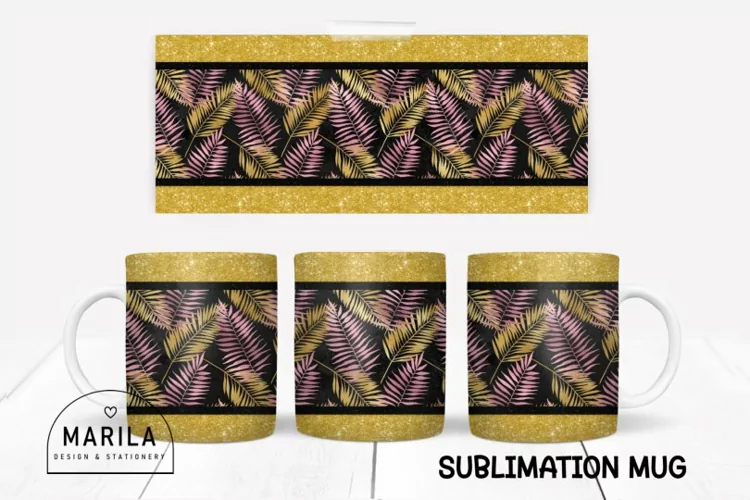 Pink and Gold Glitter Leaves Mug Wrap / Leaves Mug wrap #2