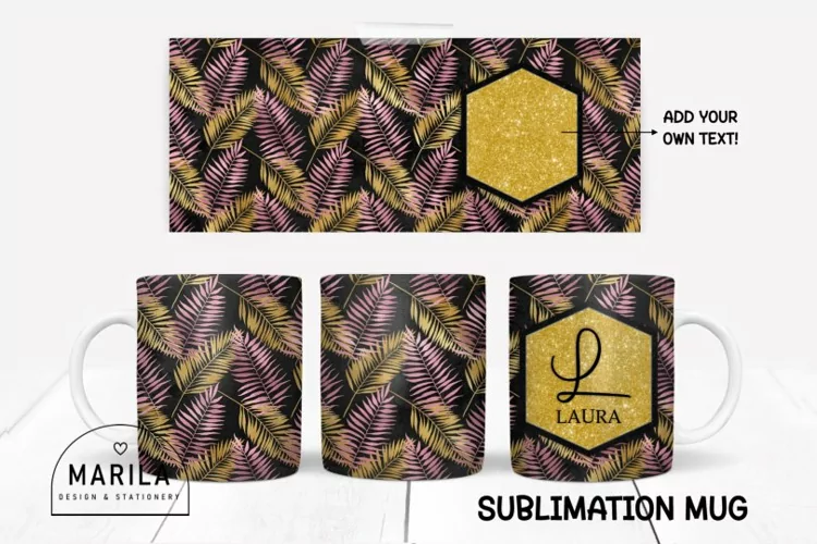 Pink and Gold Glitter Leaves Mug Wrap / Leaves Mug wrap #3