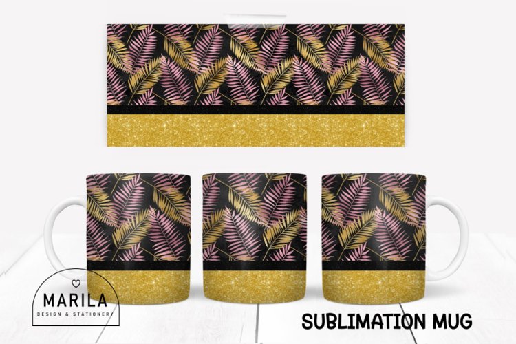 Pink and Gold Glitter Leaves Mug Wrap / Leaves Mug wrap #4 example image 1