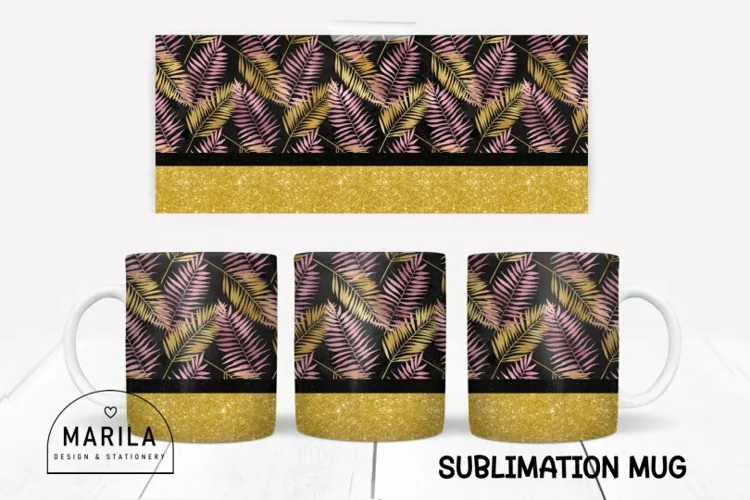 Pink and Gold Glitter Leaves Mug Wrap / Leaves Mug wrap #4