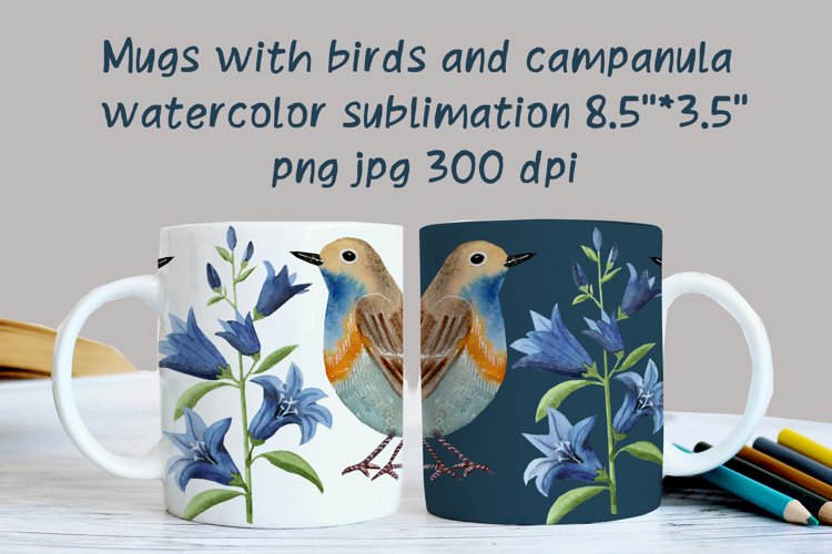 Mugs birds campanula watercolor sublimation