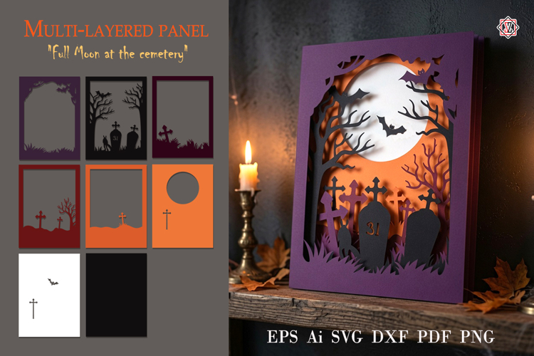 Layered Halloween Panel Full Moon over the Cemetery
