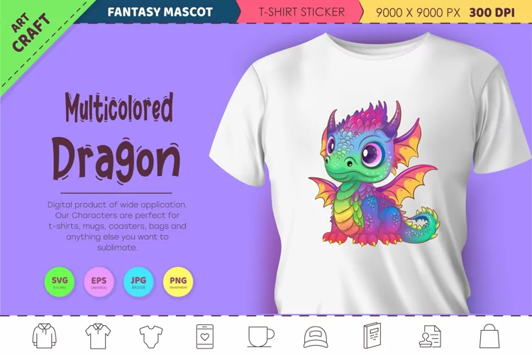 Multicolored dragon. Fantasy clipart.