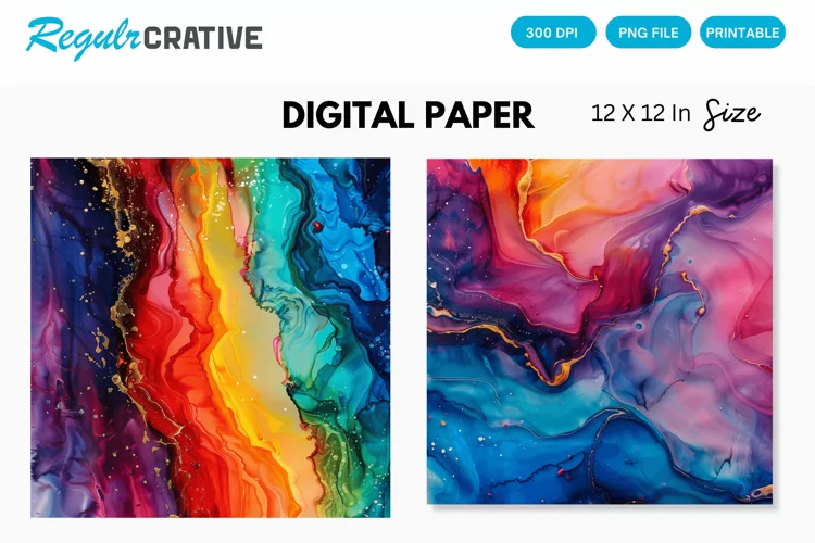 Multicolored Dripping Alcohol Ink Digital Paper, Alcohol Ink
