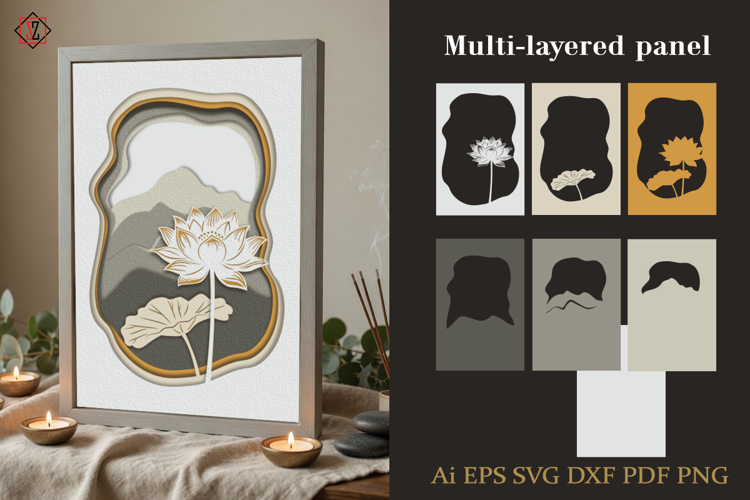Layered Panel Lotus and Mountains