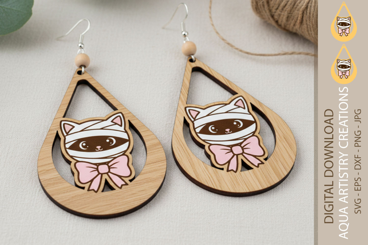 Mummy Cat Teardrop Earrings, Cat Earrings, Cat Wearing Bow