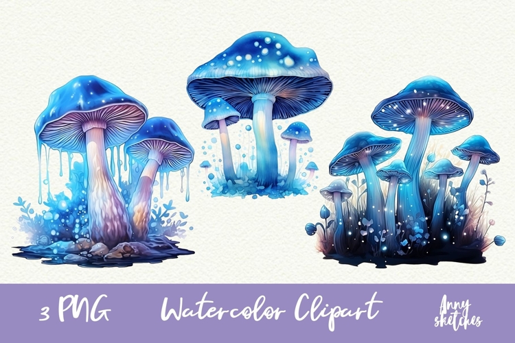 3 Bioluminescent Glowing Mushrooms Clipart Witchy PNG