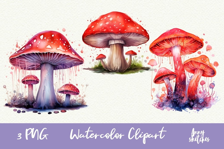 3 Bioluminescent Glowing Mushrooms Clipart Witchy PNG