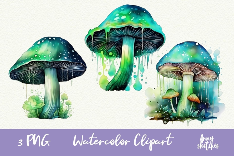 3 Bioluminescent Glowing Mushrooms Clipart Witchy PNG