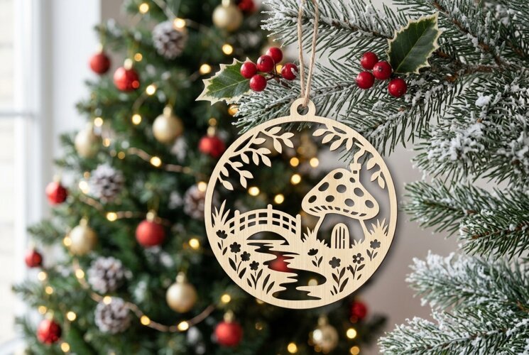 Mushroom Christmas Ornament SVG, Holiday Laser Cut Design example image 1
