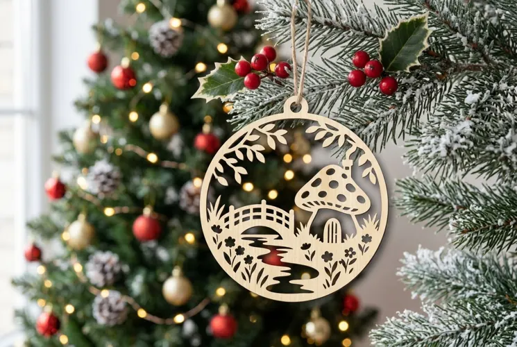Mushroom Christmas Ornament SVG, Holiday Laser Cut Design