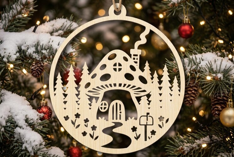 Mushroom Christmas Ornament SVG, Holiday Laser Cut Design example image 1