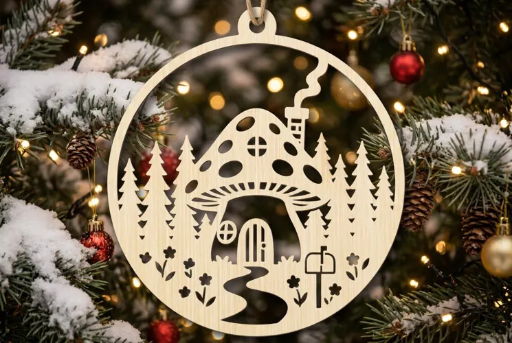 Mushroom Christmas Ornament SVG, Holiday Laser Cut Design