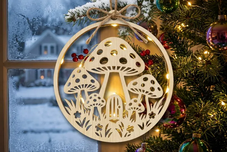 Mushroom Christmas Ornament SVG, Holiday Laser Cut Design