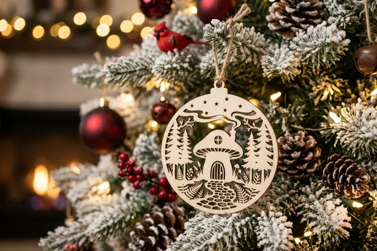 Mushroom Christmas Ornament SVG, Holiday Laser Cut Design