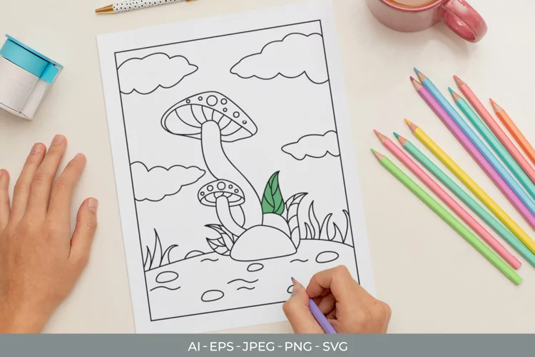 Mushroom in The Wild Coloring Page