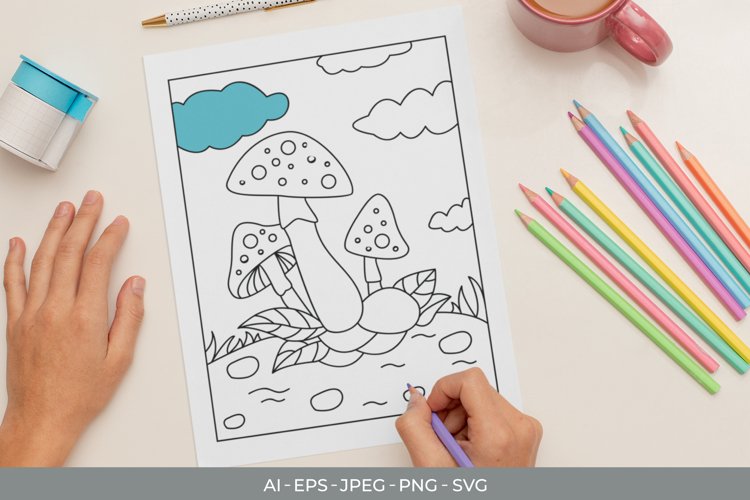 Coloring Page Mushroom in Nature example image 1