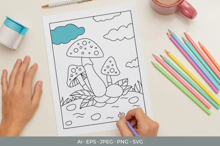 Coloring Page Mushroom in Nature