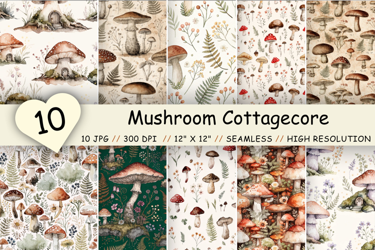 Mushroom Cottagecore Digital Paper Pack, Seamless Watercolor