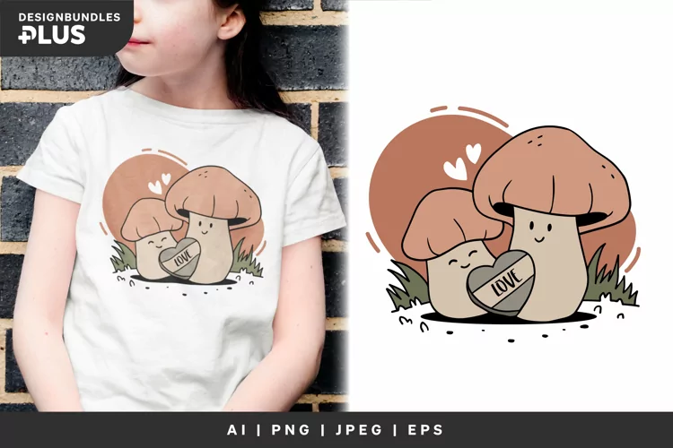 Mushroom Couple with Heart-shaped Gift Box, Cute Sublimation