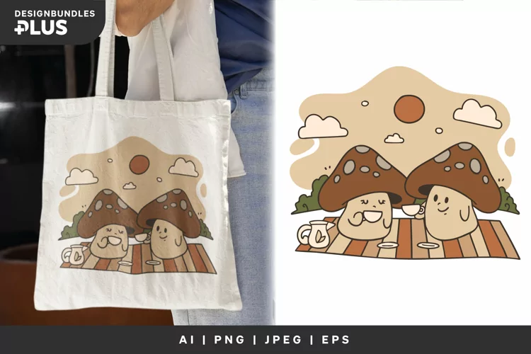 Cute Mushroom Couple Go on Picnic at The Park, Sublimation